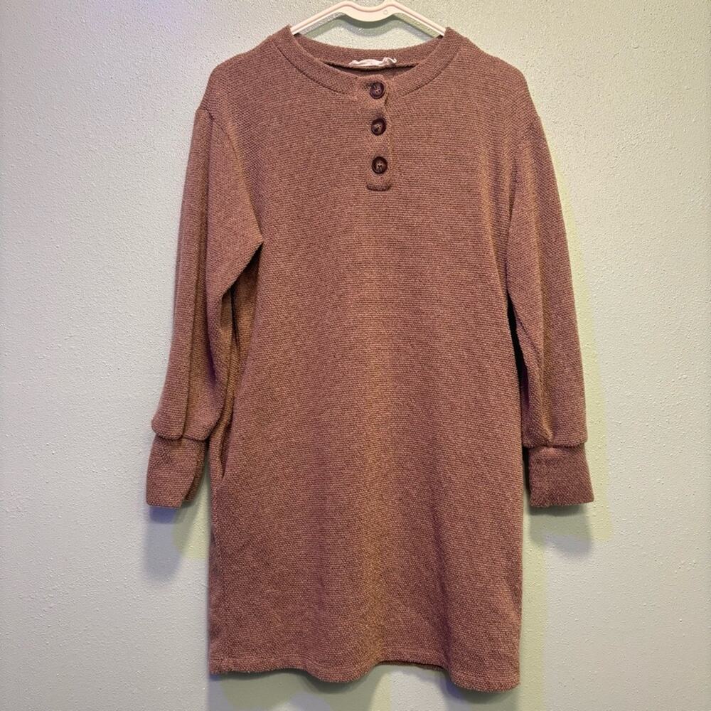 Lush Women’s Tan Textured Knit Pocket Button Sweater Dress Size S